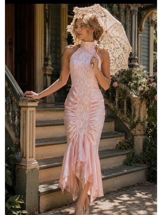 Dresses & Skirts - DIAMOND'S RUNS Vtg Ruched Ruffle Satin/lace 9-10 Dress Victorian Pink #04